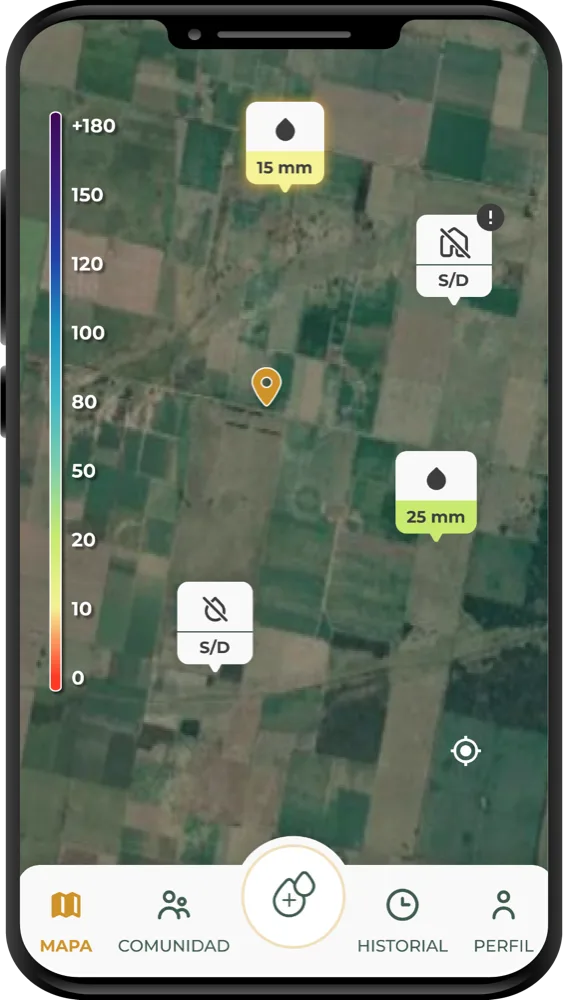 Mapa de Datagro con los milímetros registrados en cada punto de la zona